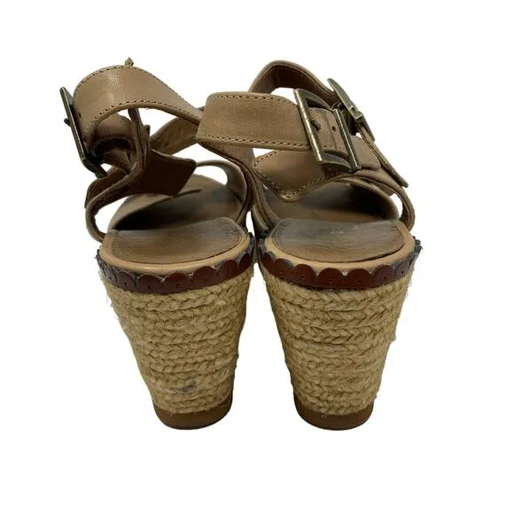 Eric Michael Women's Sz 38 US 7 Ankle Strap Espadrilles Wedge Sandals Tan *READ