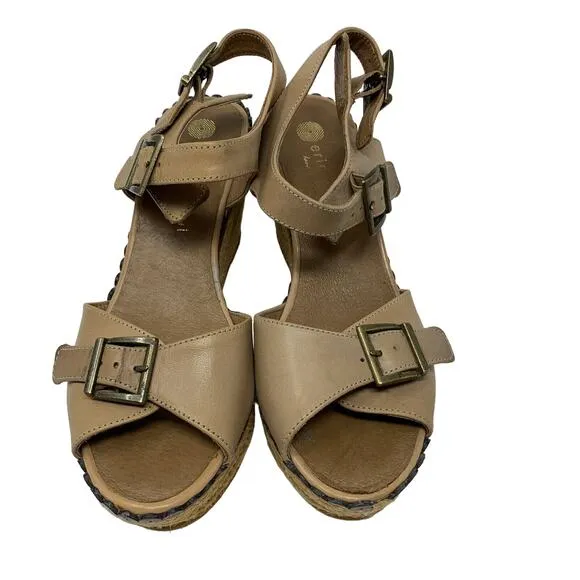 Eric Michael Women's Sz 38 US 7 Ankle Strap Espadrilles Wedge Sandals Tan *READ