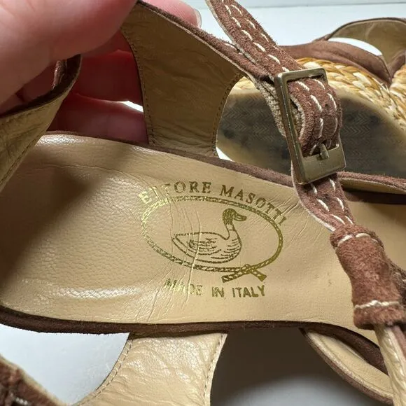 Ettore Masotti Espadrille Sandals Platform Brown Suede T Strap Womens 7 37 Wedge