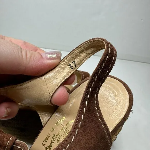 Ettore Masotti Espadrille Sandals Platform Brown Suede T Strap Womens 7 37 Wedge