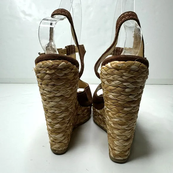 Ettore Masotti Espadrille Sandals Platform Brown Suede T Strap Womens 7 37 Wedge