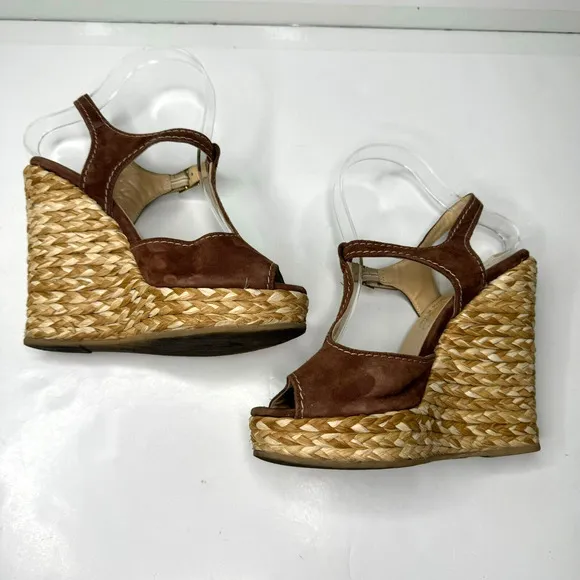 Ettore Masotti Espadrille Sandals Platform Brown Suede T Strap Womens 7 37 Wedge