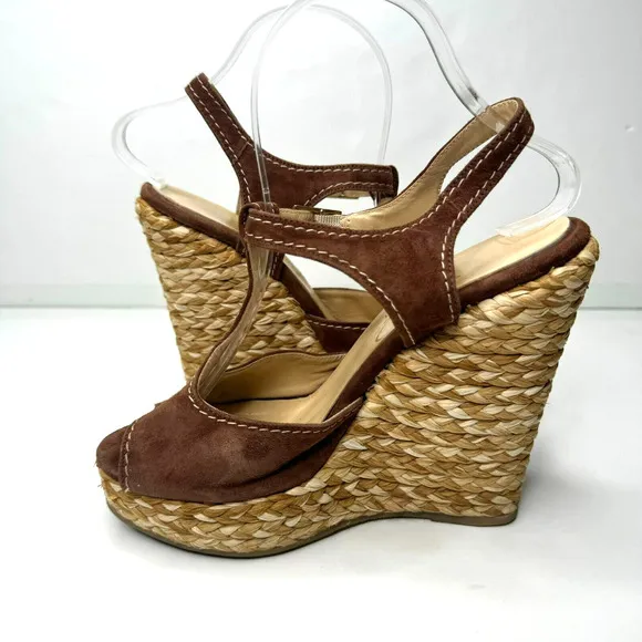 Ettore Masotti Espadrille Sandals Platform Brown Suede T Strap Womens 7 37 Wedge