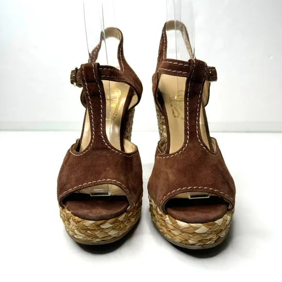 Ettore Masotti Espadrille Sandals Platform Brown Suede T Strap Womens 7 37 Wedge
