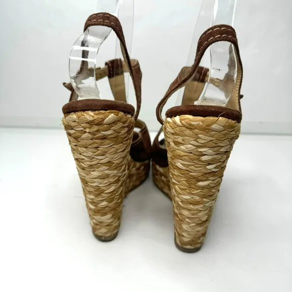 Ettore Masotti Espadrille Sandals Platform Brown Suede T Strap Womens 7 37 Wedge