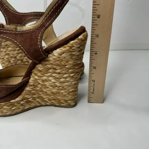 Ettore Masotti Espadrille Sandals Platform Brown Suede T Strap Womens 7 37 Wedge
