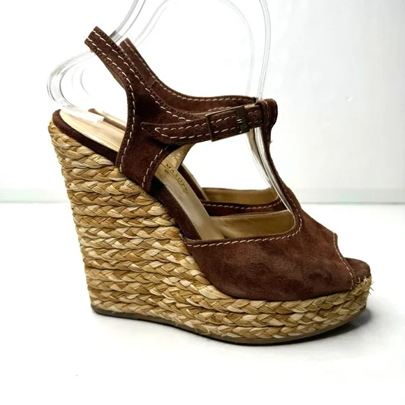 Ettore Masotti Espadrille Sandals Platform Brown Suede T Strap Womens 7 37 Wedge