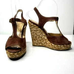 Ettore Masotti Espadrille Sandals Platform Brown Suede T Strap Womens 7 37 Wedge