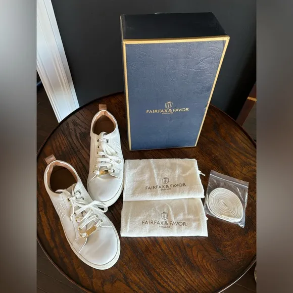 EUC FAIRFAX &amp; FAVOR FINCHLEY WHITE LEATHER TRAINERS, ENGLAND, WOMEN’S SNEAKERS,9