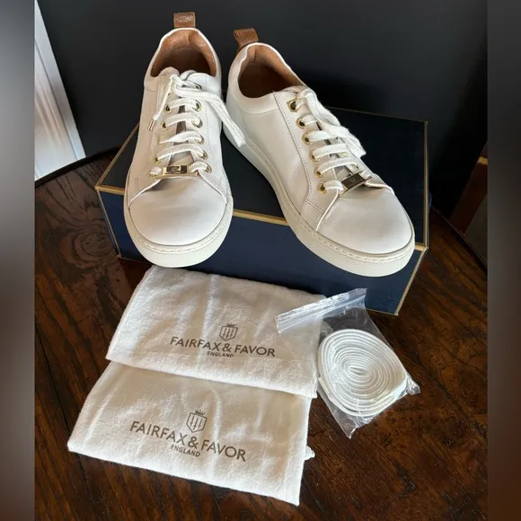 EUC FAIRFAX &amp; FAVOR FINCHLEY WHITE LEATHER TRAINERS, ENGLAND, WOMEN’S SNEAKERS,9