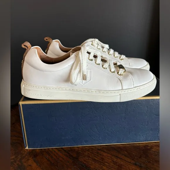 EUC FAIRFAX &amp; FAVOR FINCHLEY WHITE LEATHER TRAINERS, ENGLAND, WOMEN’S SNEAKERS,9