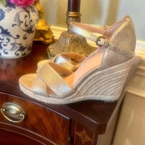 EUC J.Crew Jute Wedge Wedges Espadrilles Sandals Shoes Metallic Gold Size 7.5