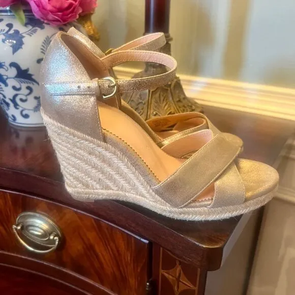 EUC J.Crew Jute Wedge Wedges Espadrilles Sandals Shoes Metallic Gold Size 7.5