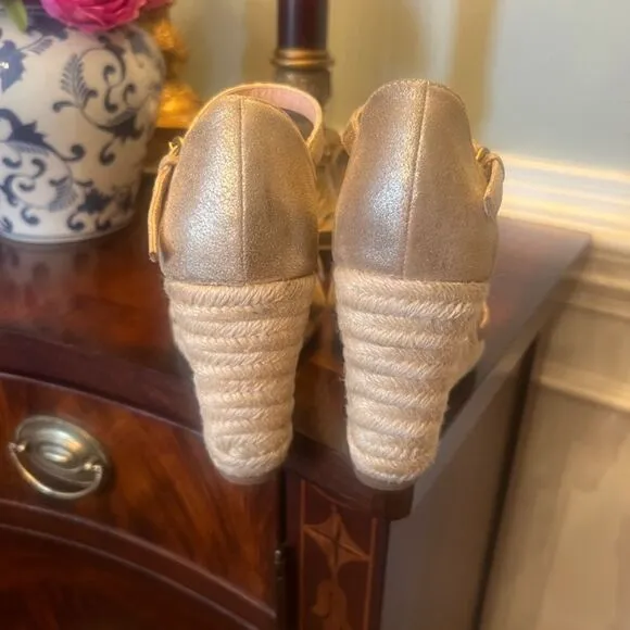 EUC J.Crew Jute Wedge Wedges Espadrilles Sandals Shoes Metallic Gold Size 7.5