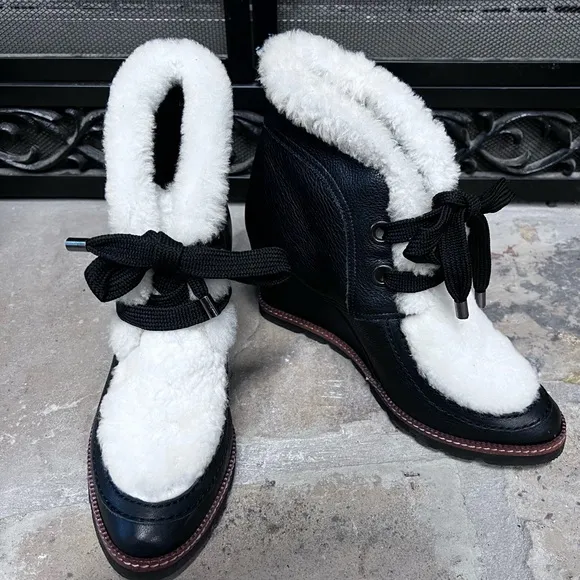 Fabianelli black leather Sherpa wedge boots Italian made SZ 8
