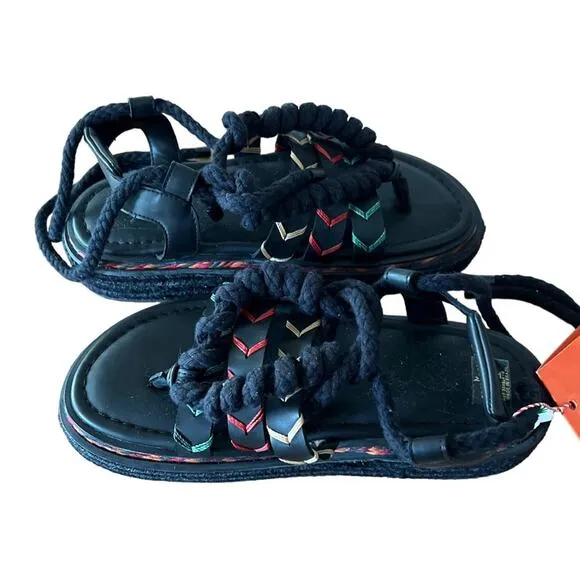 Farm Rio Black Rope Tie Platform Sandals Women Size 8