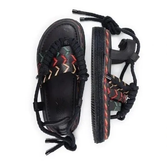 Farm Rio Black Rope Tie Platform Sandals Women Size 8