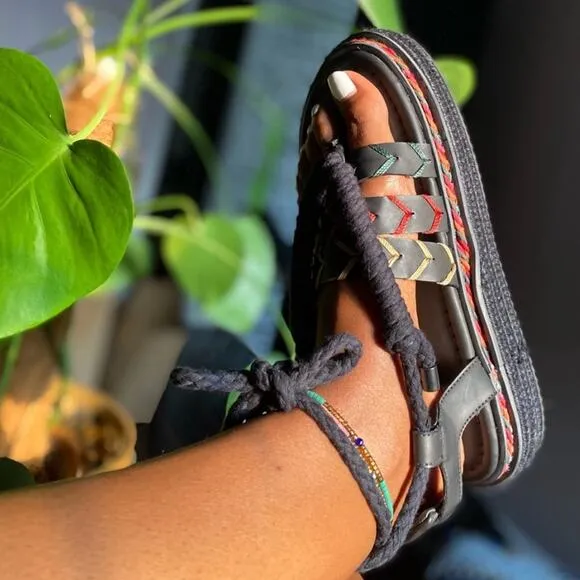 Farm Rio Black Rope Tie Platform Sandals Women Size 8