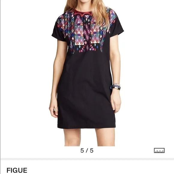 FIGUE Tia embroidered t-shirt dress in onyx black small
