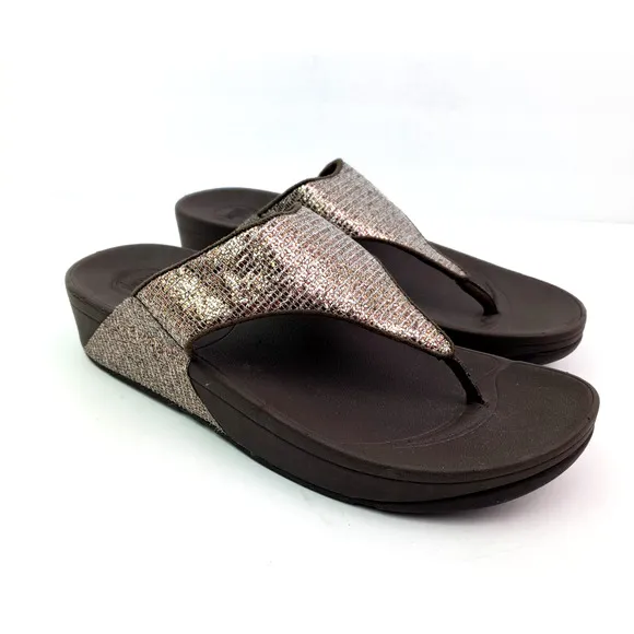 Fit Flop Lulu Superglitz Womens Sz 10 Bronze Brown SlipOn Thong Platform Sandals