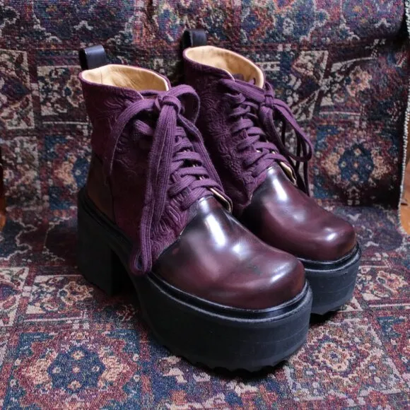 Fluevog Skyhigh F Smarty Platform Burgundy Boots Size 7