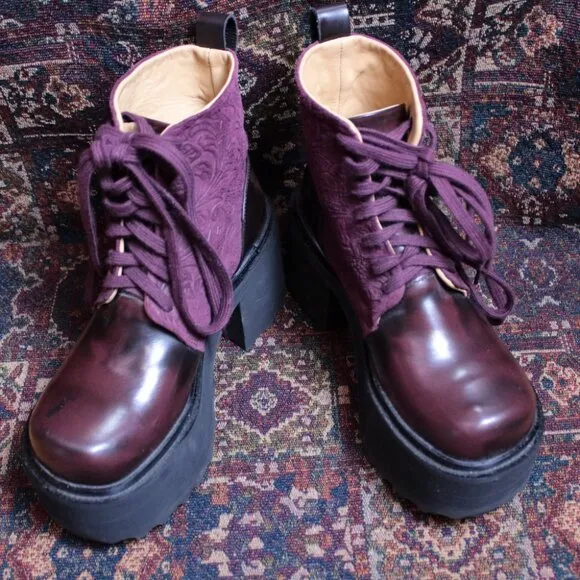 Fluevog Skyhigh F Smarty Platform Burgundy Boots Size 7