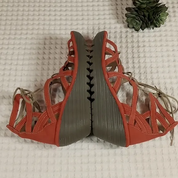 Fly London &quot;Yuke&quot; Women's Orangey-Red Strappy Wedge Sandals Size 37
