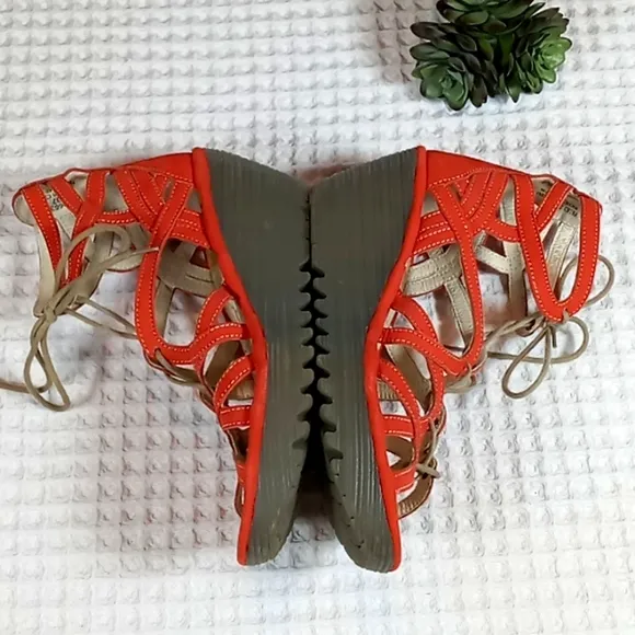 Fly London &quot;Yuke&quot; Women's Orangey-Red Strappy Wedge Sandals Size 37