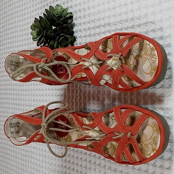 Fly London &quot;Yuke&quot; Women's Orangey-Red Strappy Wedge Sandals Size 37