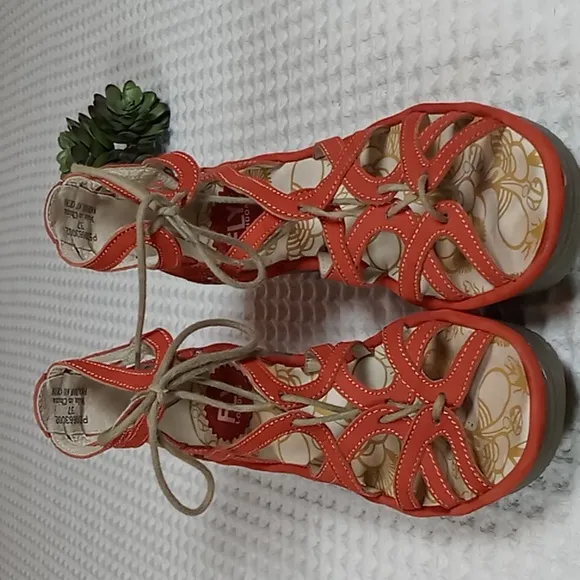 Fly London &quot;Yuke&quot; Women's Orangey-Red Strappy Wedge Sandals Size 37