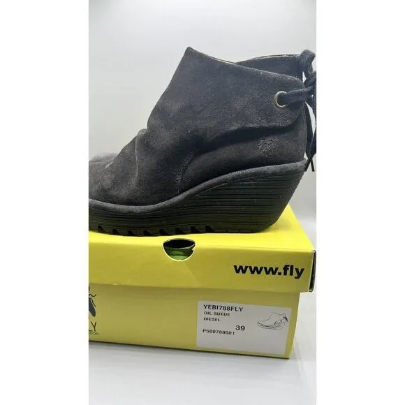 Fly London Diesel Oil Suede Wedge Booties Shoes Women's Size 39 US 8