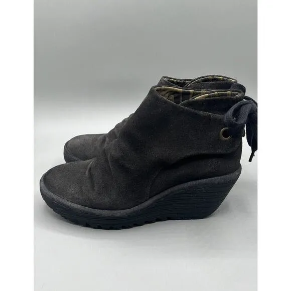 Fly London Diesel Oil Suede Wedge Booties Shoes Women's Size 39 US 8