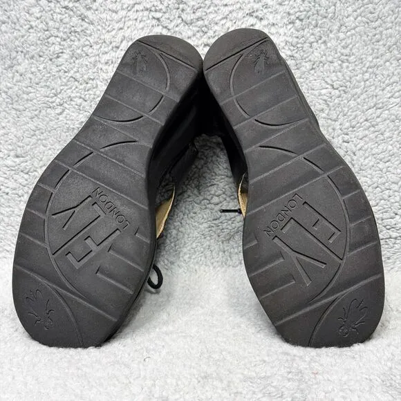 Fly London Jart862Fly Womens Size 37 US 6-6.5 Wedge Sandals Shoes Black Leather