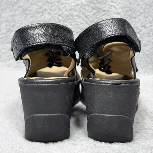 Fly London Jart862Fly Womens Size 37 US 6-6.5 Wedge Sandals Shoes Black Leather