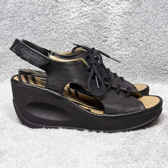 Fly London Jart862Fly Womens Size 37 US 6-6.5 Wedge Sandals Shoes Black Leather