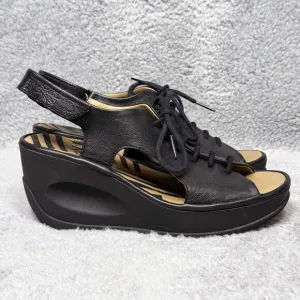 Fly London Jart862Fly Womens Size 37 US 6-6.5 Wedge Sandals Shoes Black Leather