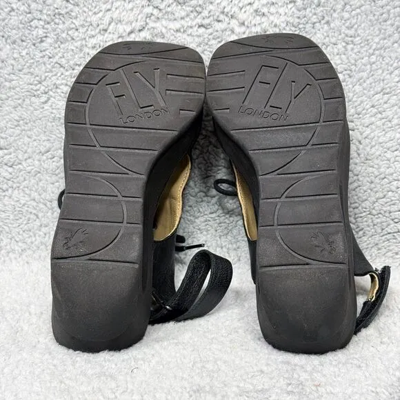 Fly London Jart862Fly Womens Size 37 US 6-6.5 Wedge Sandals Shoes Black Leather