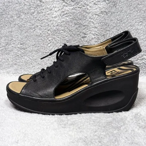 Fly London Jart862Fly Womens Size 37 US 6-6.5 Wedge Sandals Shoes Black Leather
