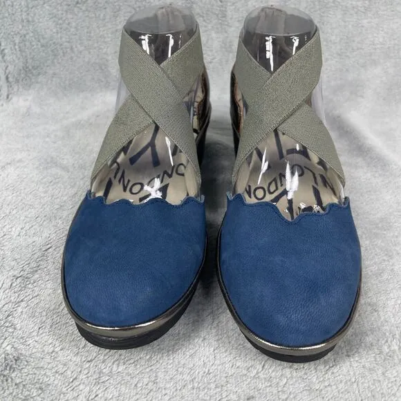 FLY London Pago Scalloped Women Shoes Sz 8-8.5 Blue Green Cross Strap Wedge Heel
