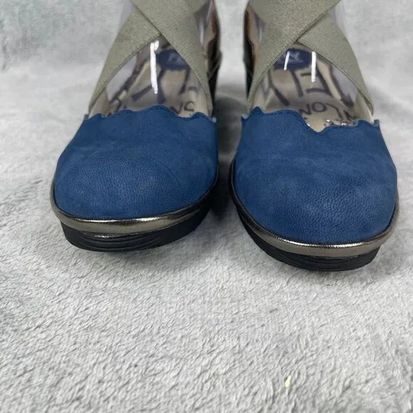 FLY London Pago Scalloped Women Shoes Sz 8-8.5 Blue Green Cross Strap Wedge Heel
