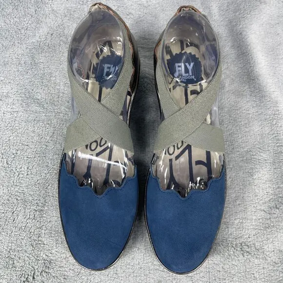FLY London Pago Scalloped Women Shoes Sz 8-8.5 Blue Green Cross Strap Wedge Heel