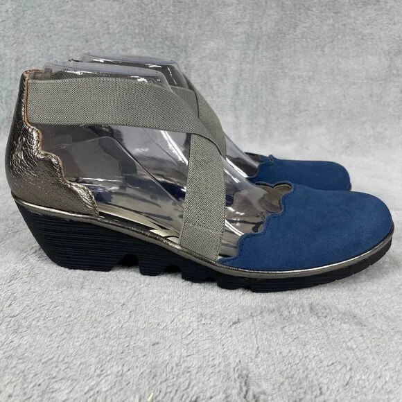 FLY London Pago Scalloped Women Shoes Sz 8-8.5 Blue Green Cross Strap Wedge Heel