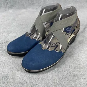 FLY London Pago Scalloped Women Shoes Sz 8-8.5 Blue Green Cross Strap Wedge Heel