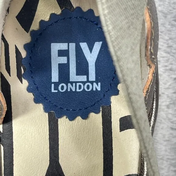 FLY London Pago Scalloped Women Shoes Sz 8-8.5 Blue Green Cross Strap Wedge Heel