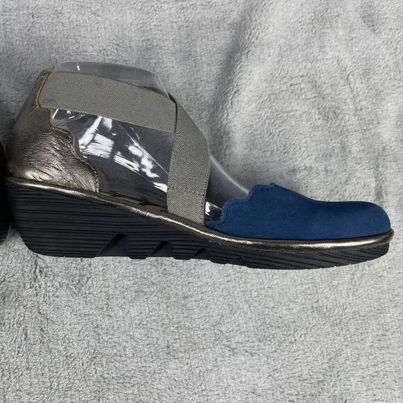 FLY London Pago Scalloped Women Shoes Sz 8-8.5 Blue Green Cross Strap Wedge Heel