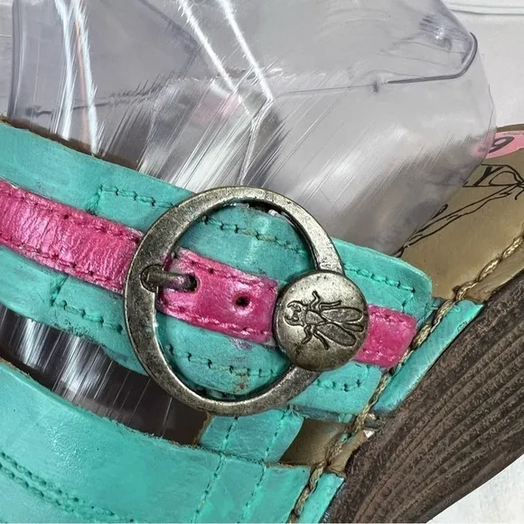 FLY LONDON Salm Wedge Sandals Strappy Slingback Turquoise &amp; Fuchsia Leather Sz 9