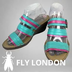 FLY LONDON Salm Wedge Sandals Strappy Slingback Turquoise &amp; Fuchsia Leather Sz 9