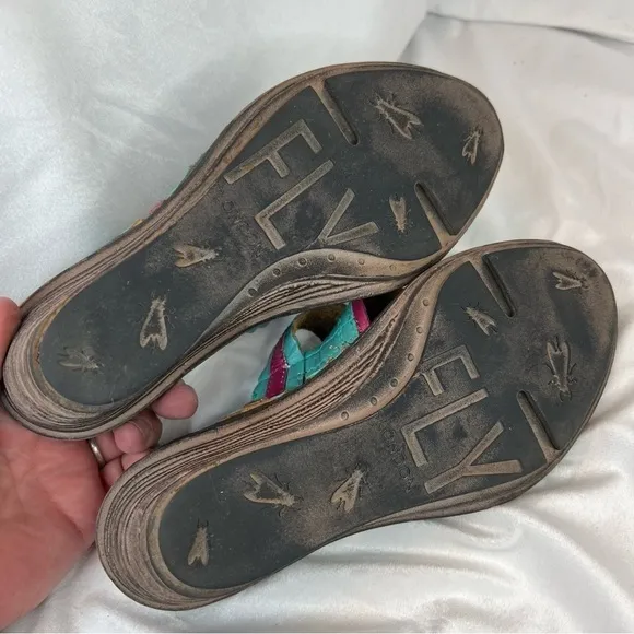 FLY LONDON Salm Wedge Sandals Strappy Slingback Turquoise &amp; Fuchsia Leather Sz 9