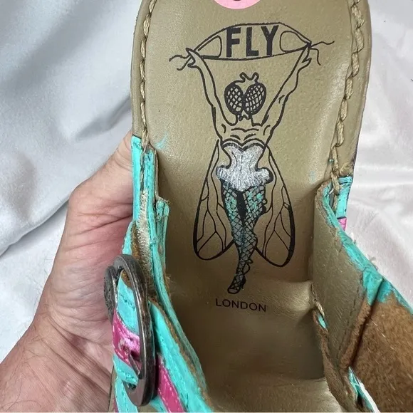 FLY LONDON Salm Wedge Sandals Strappy Slingback Turquoise &amp; Fuchsia Leather Sz 9