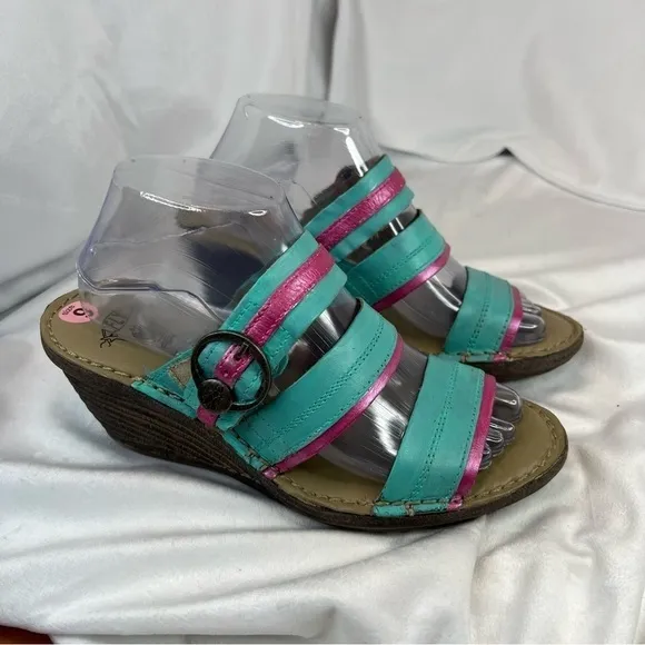 FLY LONDON Salm Wedge Sandals Strappy Slingback Turquoise &amp; Fuchsia Leather Sz 9